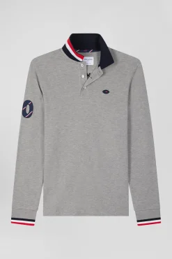 Regular grey long-sleeved cotton piqué polo shirt with XV de France embroidery