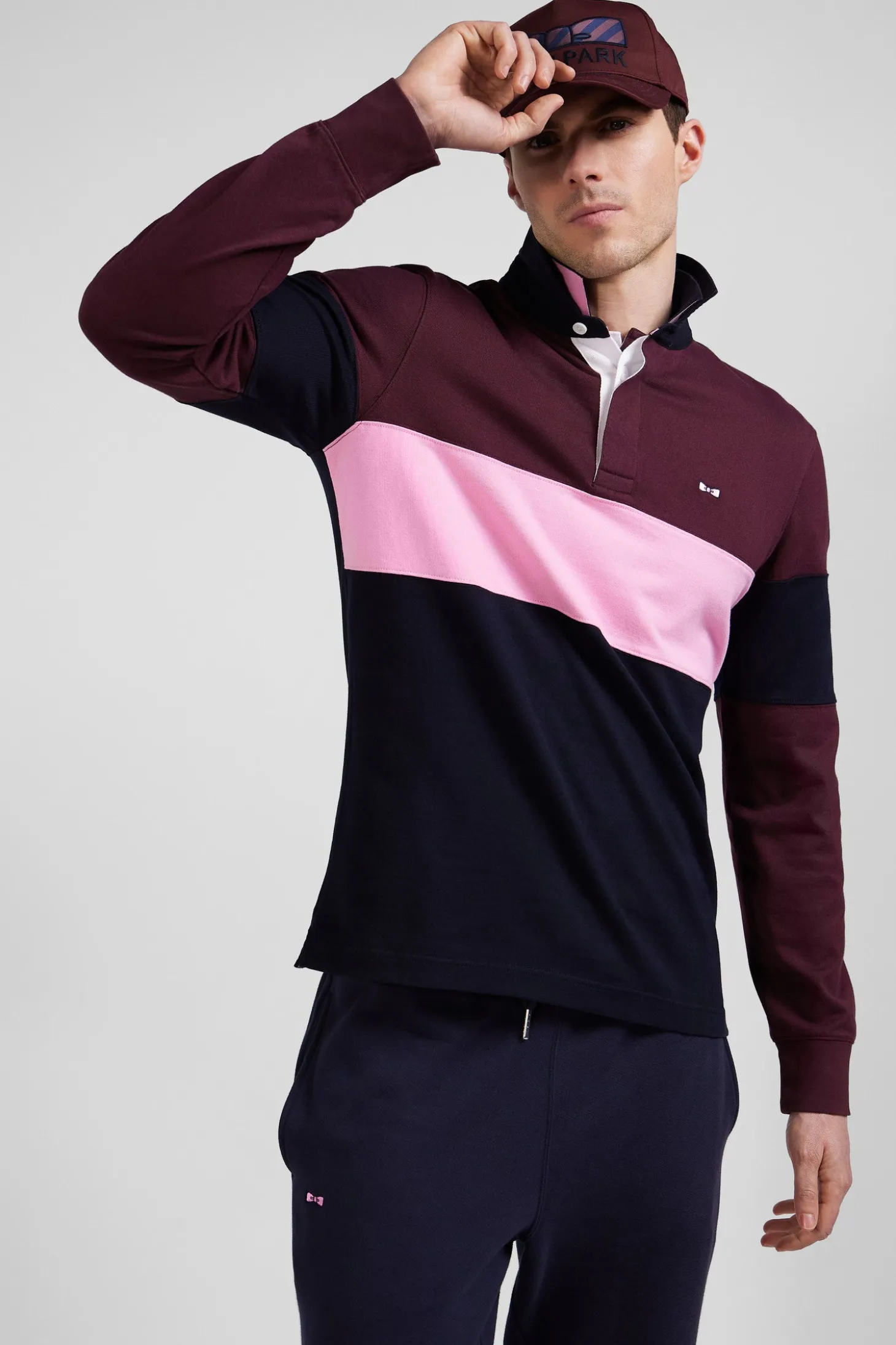 Regular grey long-sleeved colourblock cotton rugby shirt with back embroidery