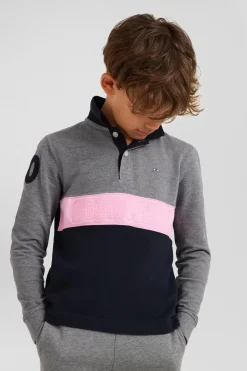 Regular grey long-sleeved cotton piqué polo shirt with pink stripe and N°10 embroidery