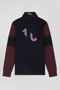 Regular grey long-sleeved colourblock cotton rugby shirt with back embroidery