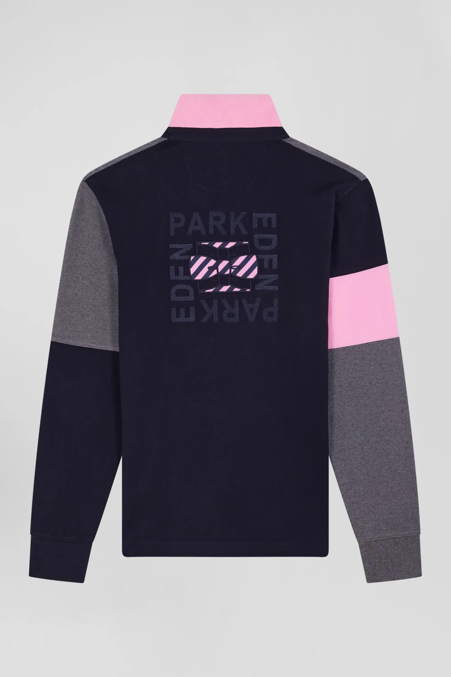 Regular grey long-sleeved cotton rugby shirt with tie fabric patchwork