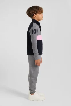 Regular grey long-sleeved cotton piqué polo shirt with pink stripe and N°10 embroidery