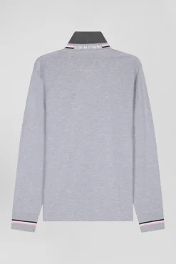 Regular grey long-sleeved cotton piqué polo shirt with rubber badge