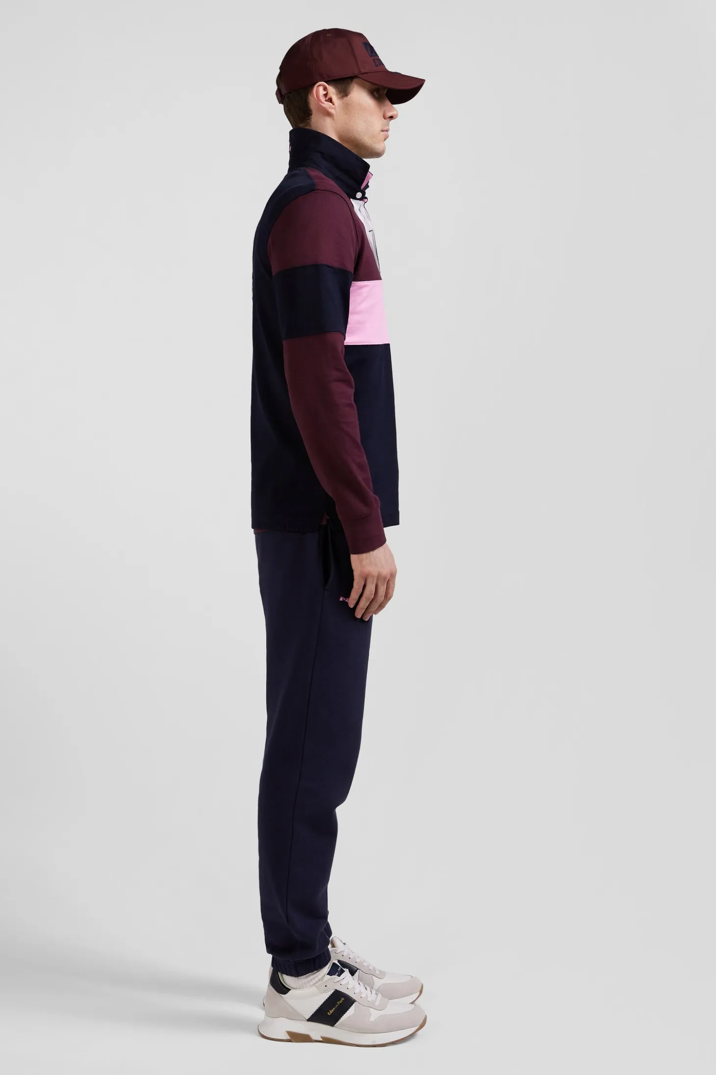 Regular grey long-sleeved colourblock cotton rugby shirt with back embroidery