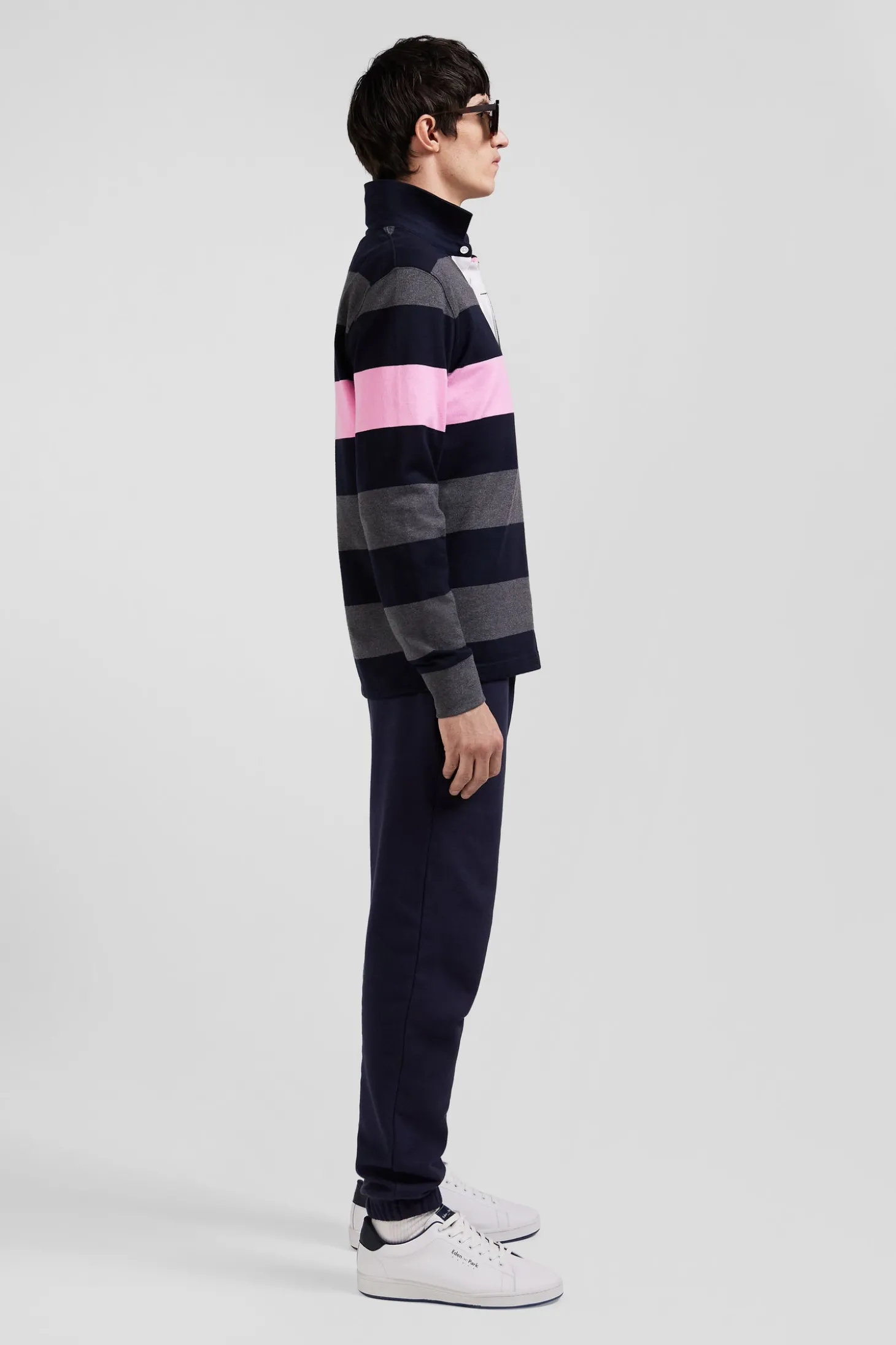 Regular grey long-sleeved striped cotton rugby shirt