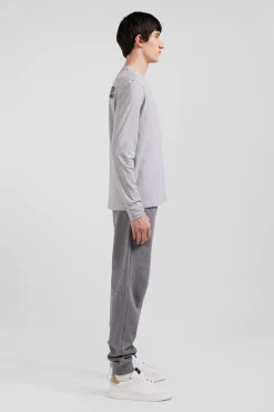 Regular grey long-sleeved cotton T-shirt with striped bow tie embroidery