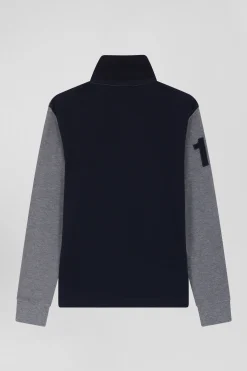 Regular grey long-sleeved cotton piqué polo shirt with pink stripe and N°10 embroidery