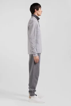 Regular grey long-sleeved cotton piqué polo shirt with rubber badge