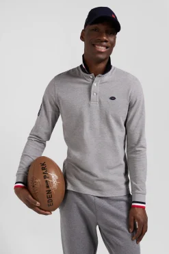 Regular grey long-sleeved cotton piqué polo shirt with XV de France embroidery