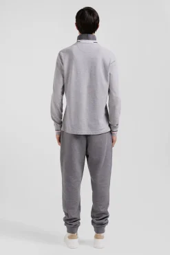 Regular grey long-sleeved cotton piqué polo shirt with rubber badge