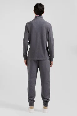 Regular grey long-sleeved cotton piqué polo shirt with pink details