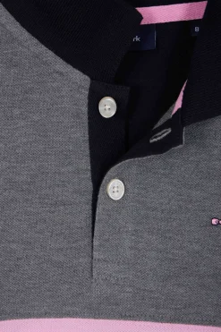 Regular grey long-sleeved cotton piqué polo shirt with pink stripe and N°10 embroidery