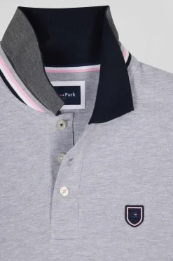 Regular grey long-sleeved cotton piqué polo shirt with rubber badge