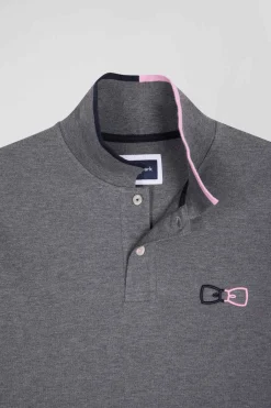 Regular grey long-sleeved cotton piqué polo shirt with pink details