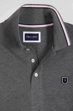 Regular grey long-sleeved cotton piqué polo shirt with jacquard collar and rubber badge