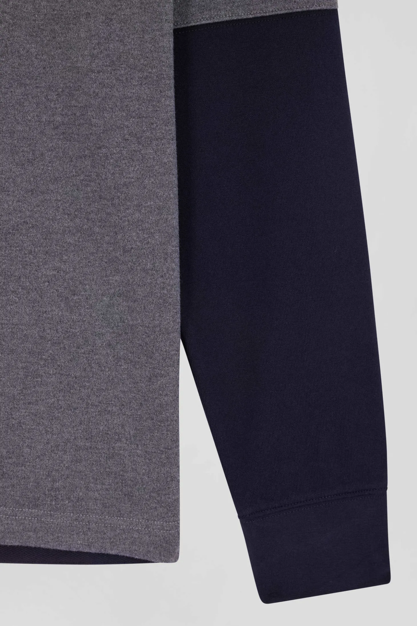 Regular grey long-sleeved cotton rugby shirt with tie fabric patchwork