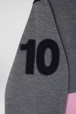 Regular grey long-sleeved cotton piqué polo shirt with pink stripe and N°10 embroidery