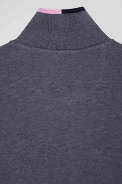 Regular grey long-sleeved cotton piqué polo shirt with pink details