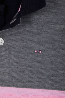 Regular grey long-sleeved cotton piqué polo shirt with pink stripe and N°10 embroidery
