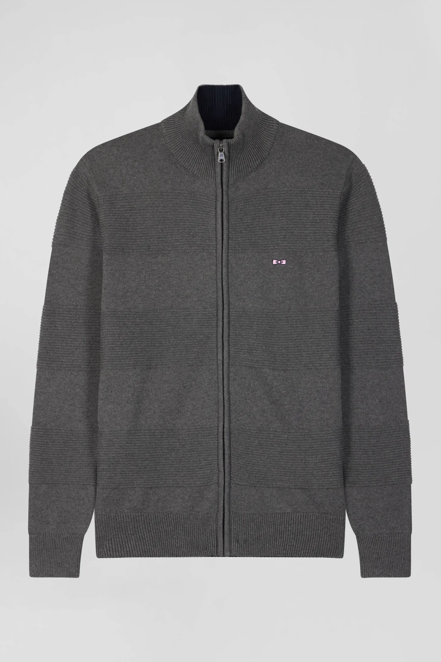 Regular grey plain cotton zipped cardigan with knit patterns