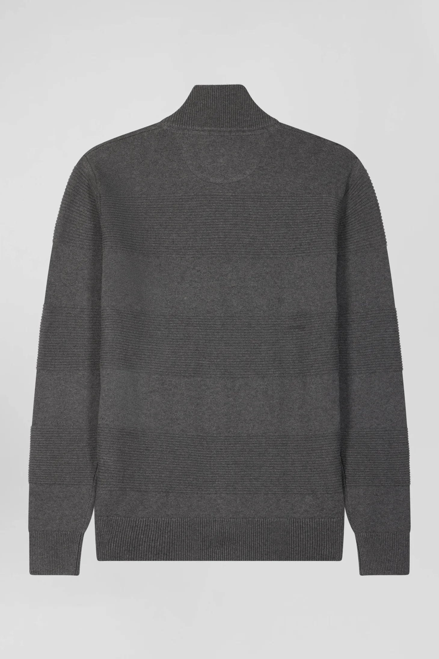 Regular grey plain cotton zipped cardigan with knit patterns