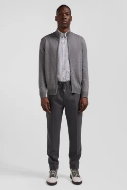 Regular grey plain wool and cotton zipped cardigan
