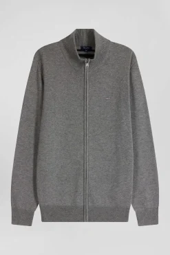 Regular grey plain wool and cotton zipped cardigan