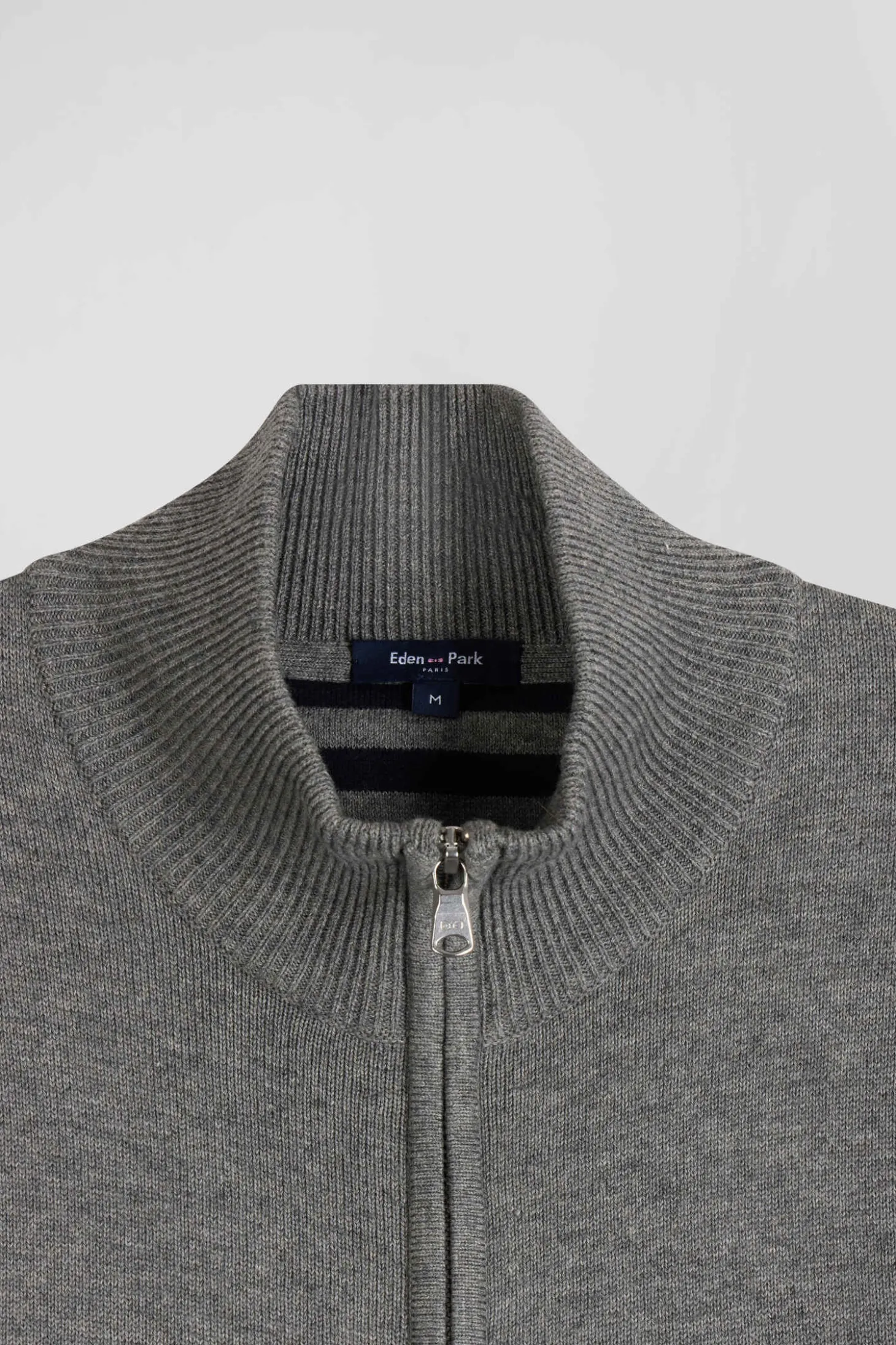 Regular grey plain wool and cotton zipped cardigan