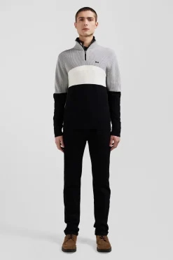 Regular grey semi-zipped cotton jumper with knit patterns