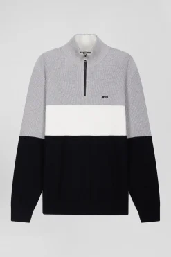 Regular grey semi-zipped cotton jumper with knit patterns