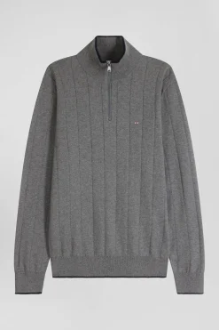 Regular grey semi-zipped cotton and cashmere jumper