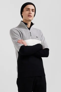 Regular grey semi-zipped cotton jumper with knit patterns