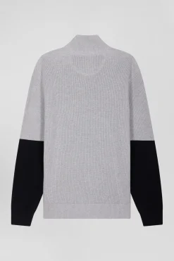 Regular grey semi-zipped cotton jumper with knit patterns