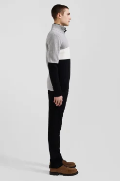Regular grey semi-zipped cotton jumper with knit patterns