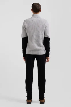 Regular grey semi-zipped cotton jumper with knit patterns