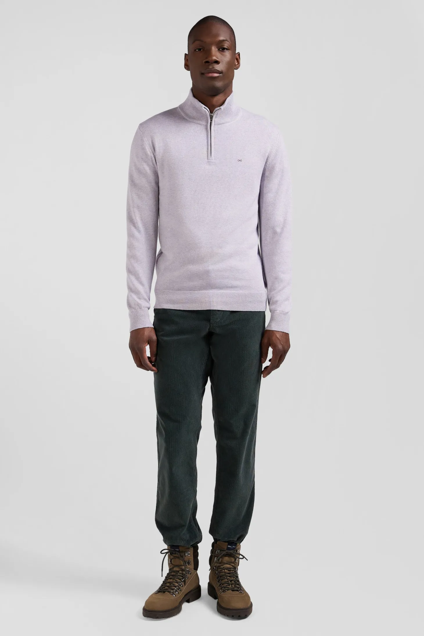 Regular grey semi-zipped wool and cotton jumper