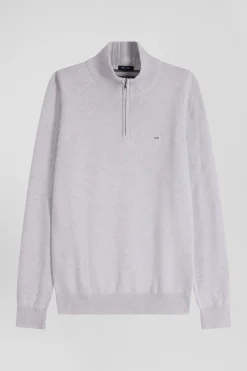 Regular grey semi-zipped wool and cotton jumper