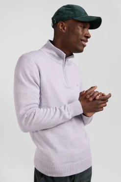 Regular grey semi-zipped wool and cotton jumper