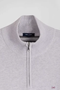 Regular grey semi-zipped wool and cotton jumper