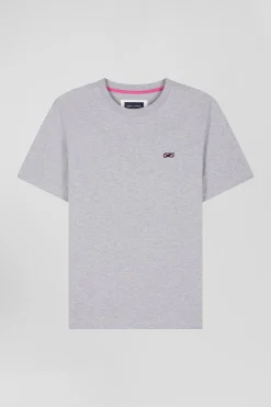 Regular grey short-sleeved cotton T-shirt with back embroidery