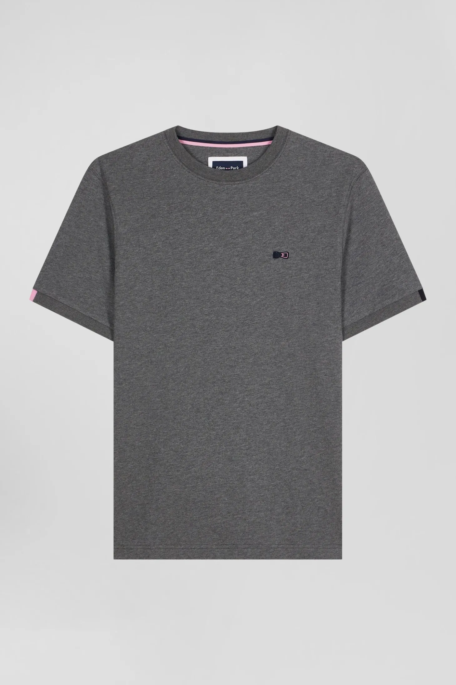 Regular grey short-sleeved cotton T-shirt with emblem embroidery