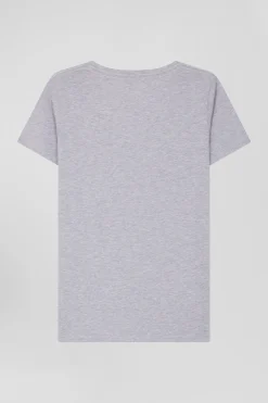 Regular grey short-sleeved V-neck cotton T-shirt
