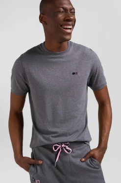 Regular grey short-sleeved cotton T-shirt with emblem embroidery