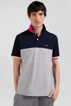 Regular grey short-sleeved cotton piqué polo shirt with bow tie embroidery and contrasting details