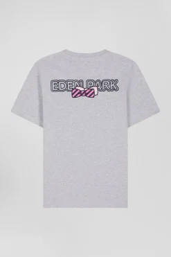 Regular grey short-sleeved cotton T-shirt with back embroidery