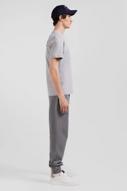 Regular grey short-sleeved cotton T-shirt with back embroidery