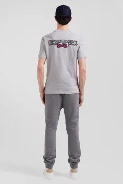 Regular grey short-sleeved cotton T-shirt with back embroidery