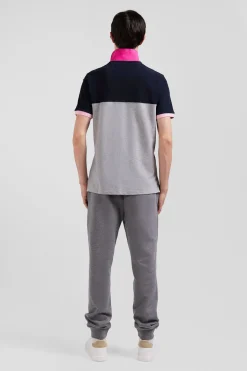 Regular grey short-sleeved cotton piqué polo shirt with bow tie embroidery and contrasting details