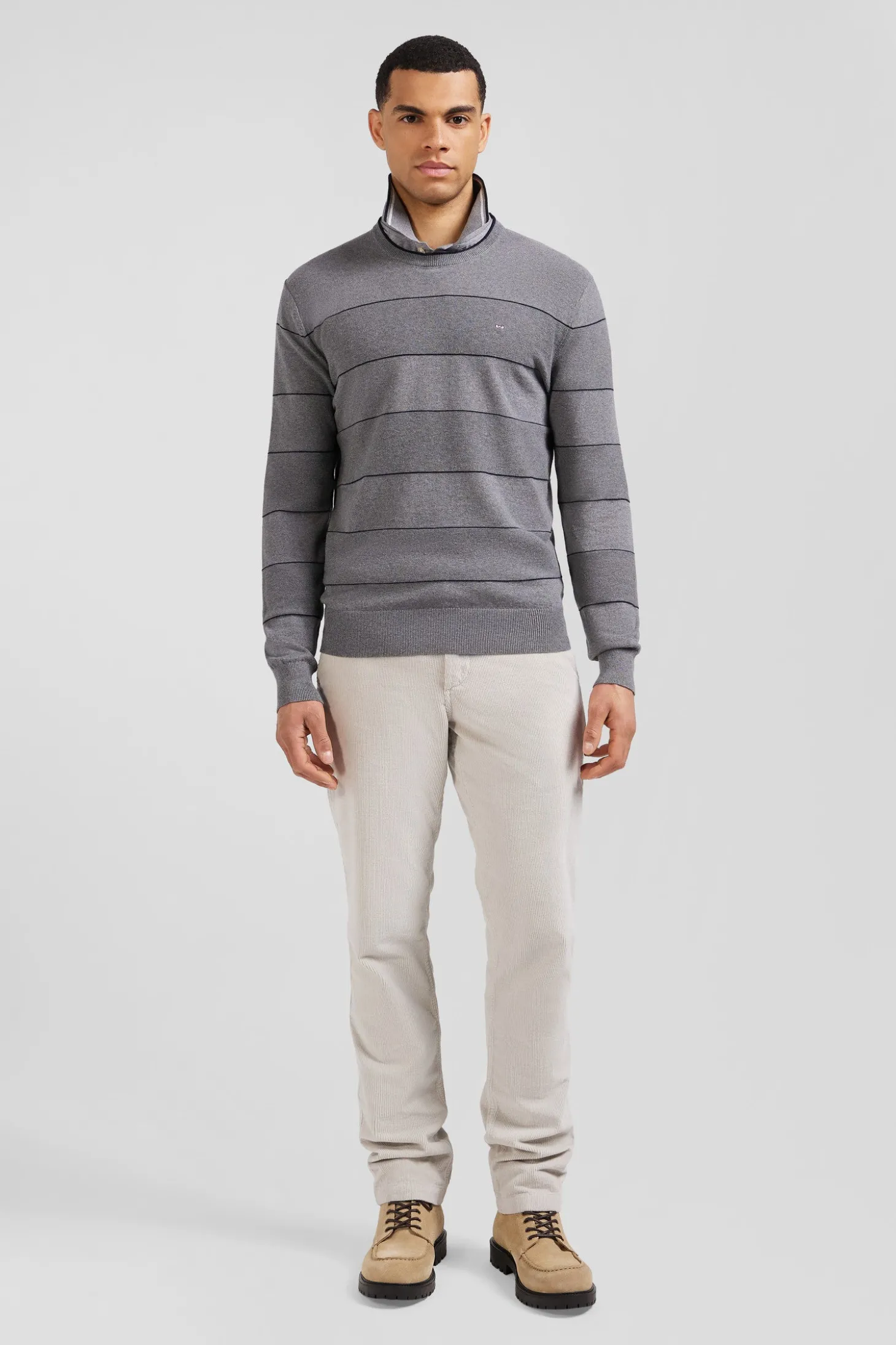 Regular grey striped cotton and cashmere crew neck jumper