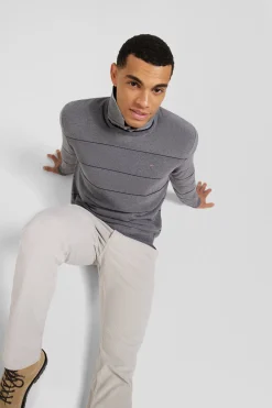 Regular grey striped cotton and cashmere crew neck jumper